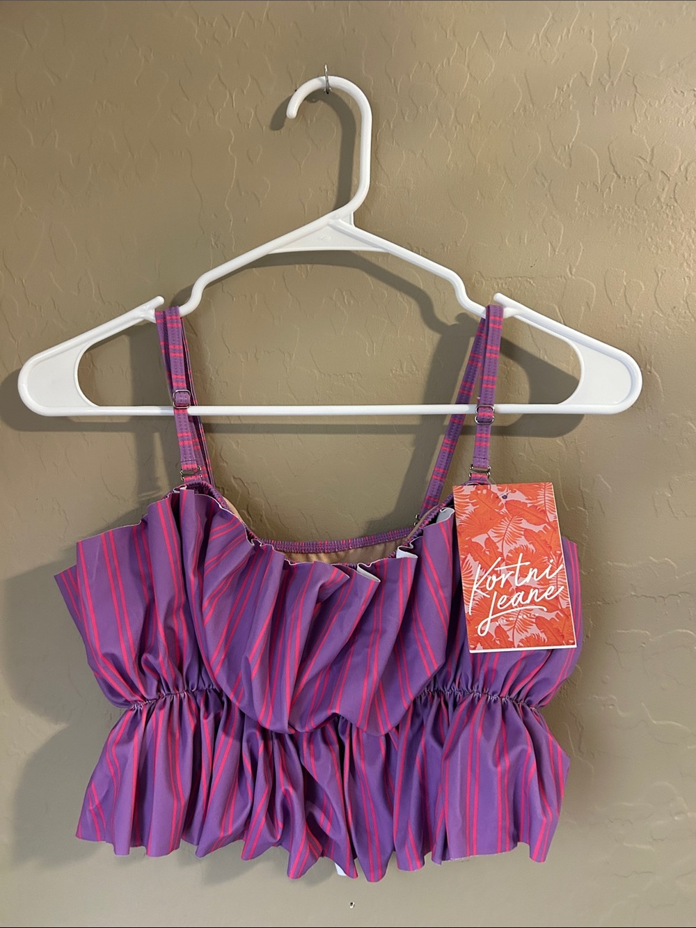 Kortni Jeane Women’s' Purple & Pink Stripe Ruffle Swim Top